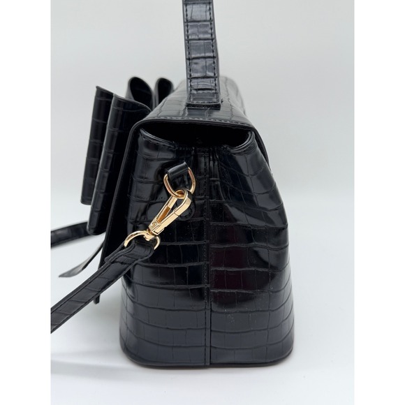 Like Dreams Black Croc Embossed Bow Crossbody Bag Top Handle Handbag - Picture 3 of 13